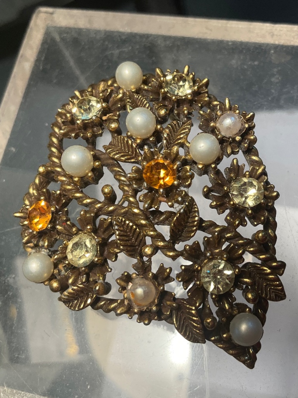 VIntage CORO Heart Shaped Pendant Brooch Pin w/ Gems & Pearls